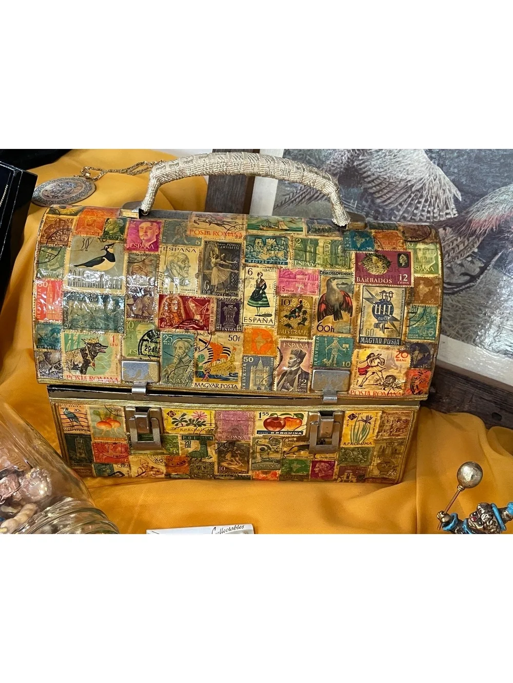 Vintage International Postage Stamp Decoupage Box Purse